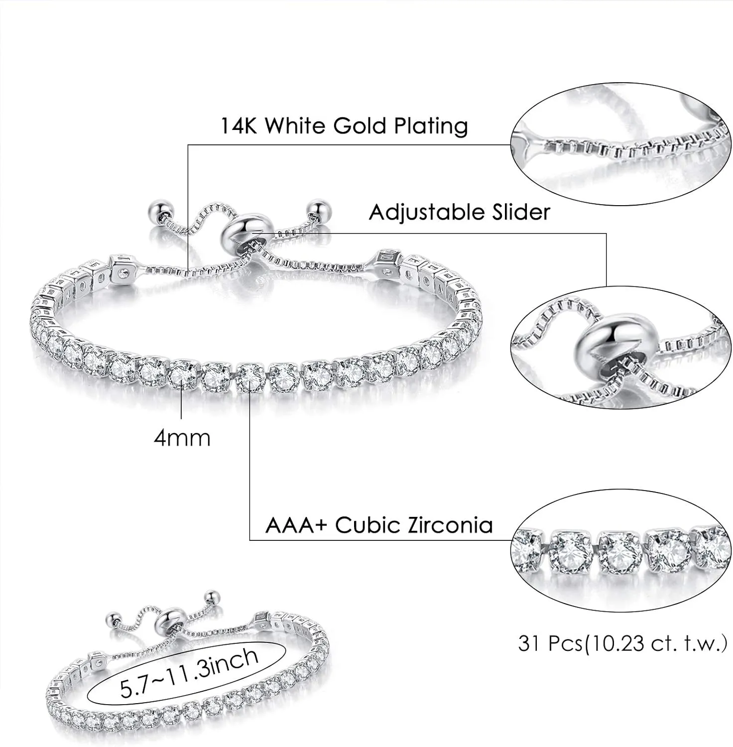 Tennis Bracelets for Women White Gold Plated Diamond AAA  Cubic Zirconia CZ Dainty Classic Adjustable Slider Bracelet Silver Fashion Jewelry Wedding Gift