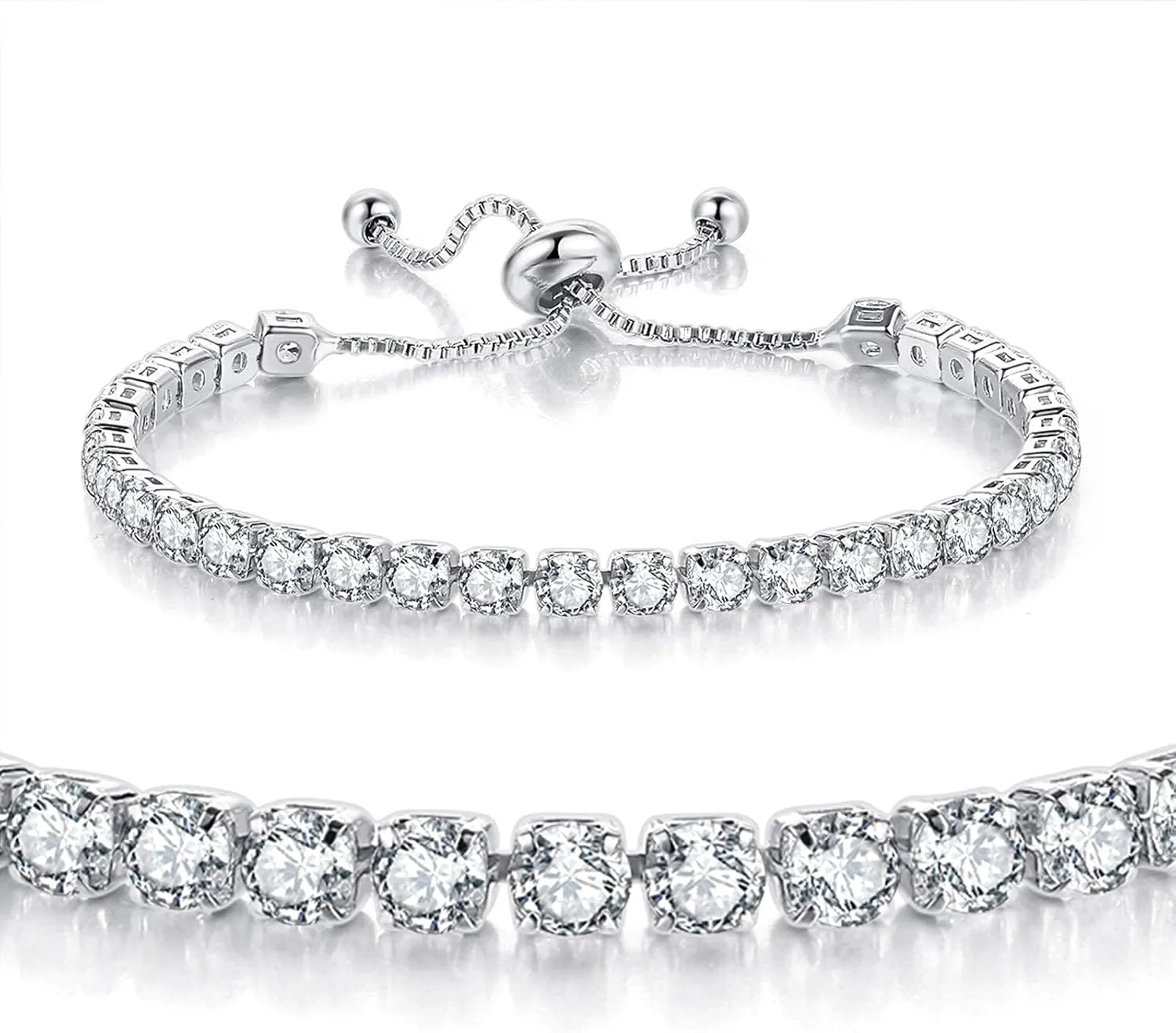Tennis Bracelets for Women White Gold Plated Diamond AAA  Cubic Zirconia CZ Dainty Classic Adjustable Slider Bracelet Silver Fashion Jewelry Wedding Gift