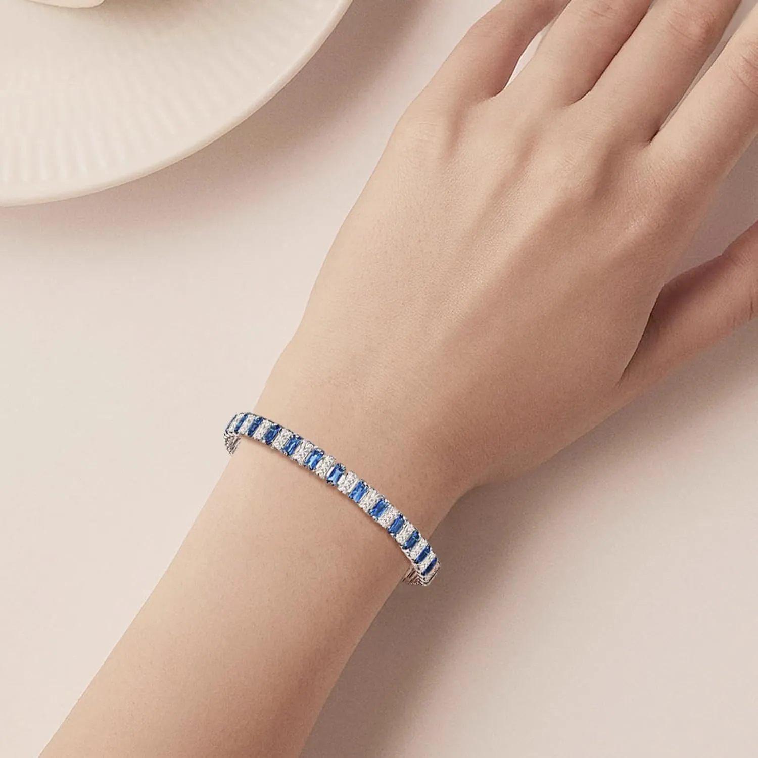Tennis BraceletsSimulated Blue Sapphire Cubic Zirconia Classic Bracelet with Brass Bridal Bridesmaids Wedding Birthday Mother's Day Jewelry Gifts for Women Size 6.5-7.5
