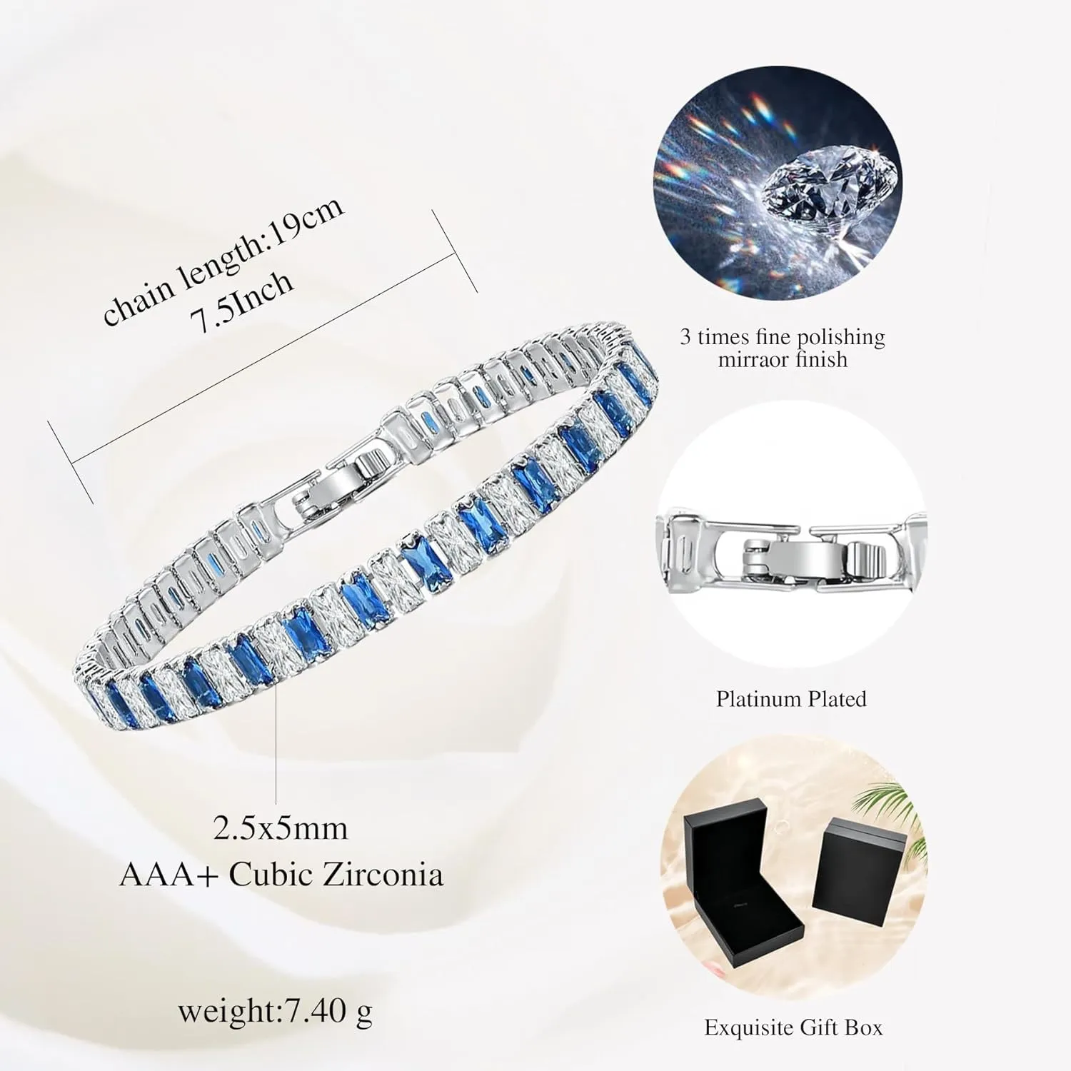 Tennis BraceletsSimulated Blue Sapphire Cubic Zirconia Classic Bracelet with Brass Bridal Bridesmaids Wedding Birthday Mother's Day Jewelry Gifts for Women Size 6.5-7.5