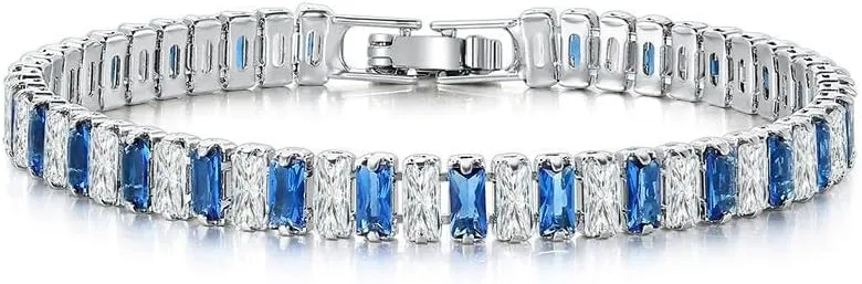 Tennis BraceletsSimulated Blue Sapphire Cubic Zirconia Classic Bracelet with Brass Bridal Bridesmaids Wedding Birthday Mother's Day Jewelry Gifts for Women Size 6.5-7.5