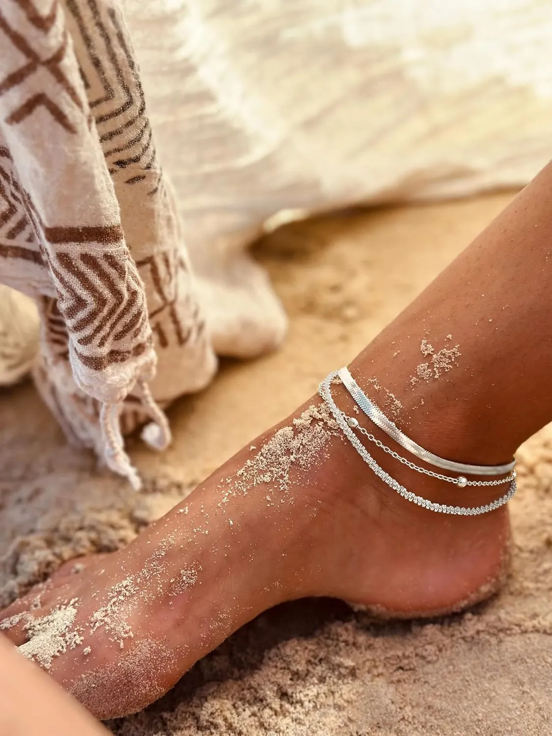 Tewiky Sterling Silver Ankle Bracelets for Women,Dainty Layered Waterproof Anklet for Women Adjustable Sparkly Herringbone Beaded Rope Chain Set Stackable Cute Summer Beach Jewelry Gift