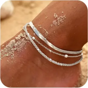 Tewiky Sterling Silver Ankle Bracelets for Women,Dainty Layered Waterproof Anklet for Women Adjustable Sparkly Herringbone Beaded Rope Chain Set Stackable Cute Summer Beach Jewelry Gift