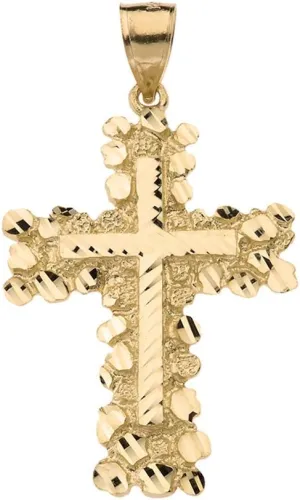Textured 10k Yellow Gold Nugget Cross Crucifix Religious Pendant (Large)