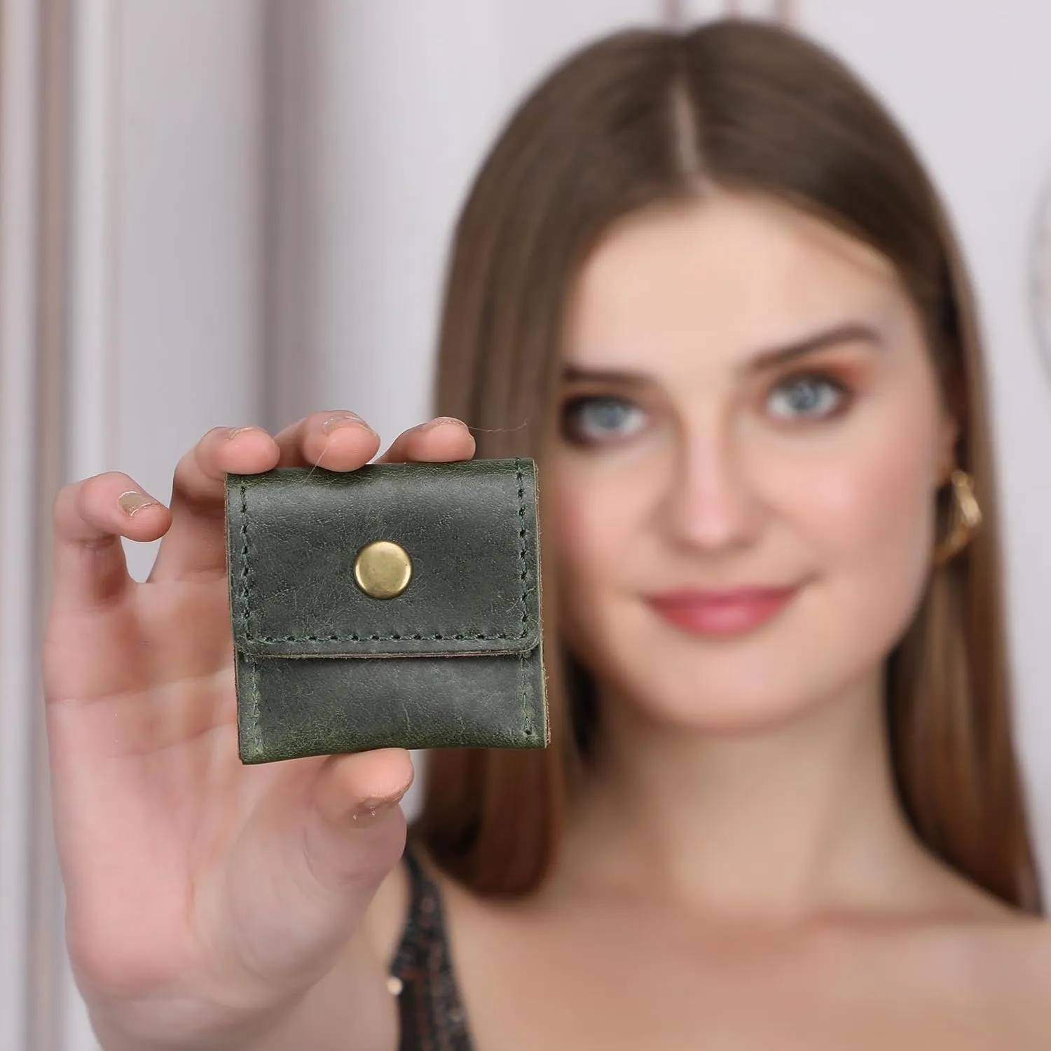 The Antiq Leather Ring Pouch, Brown Leather Jewelry Holder, Wedding Case for Men and Women Pouch for Engagement Bridal Jewellery Storage, Guitar Picks Camera SD Card Holder- Forest Green