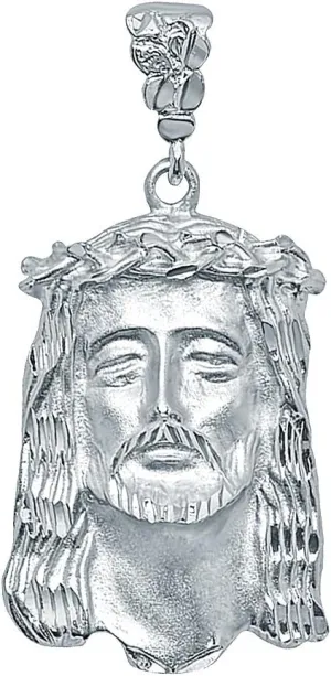 The Bling Factory Large 27mm x 49mm Rhodium Plated Crown of Thorns Jesus Face Pendant