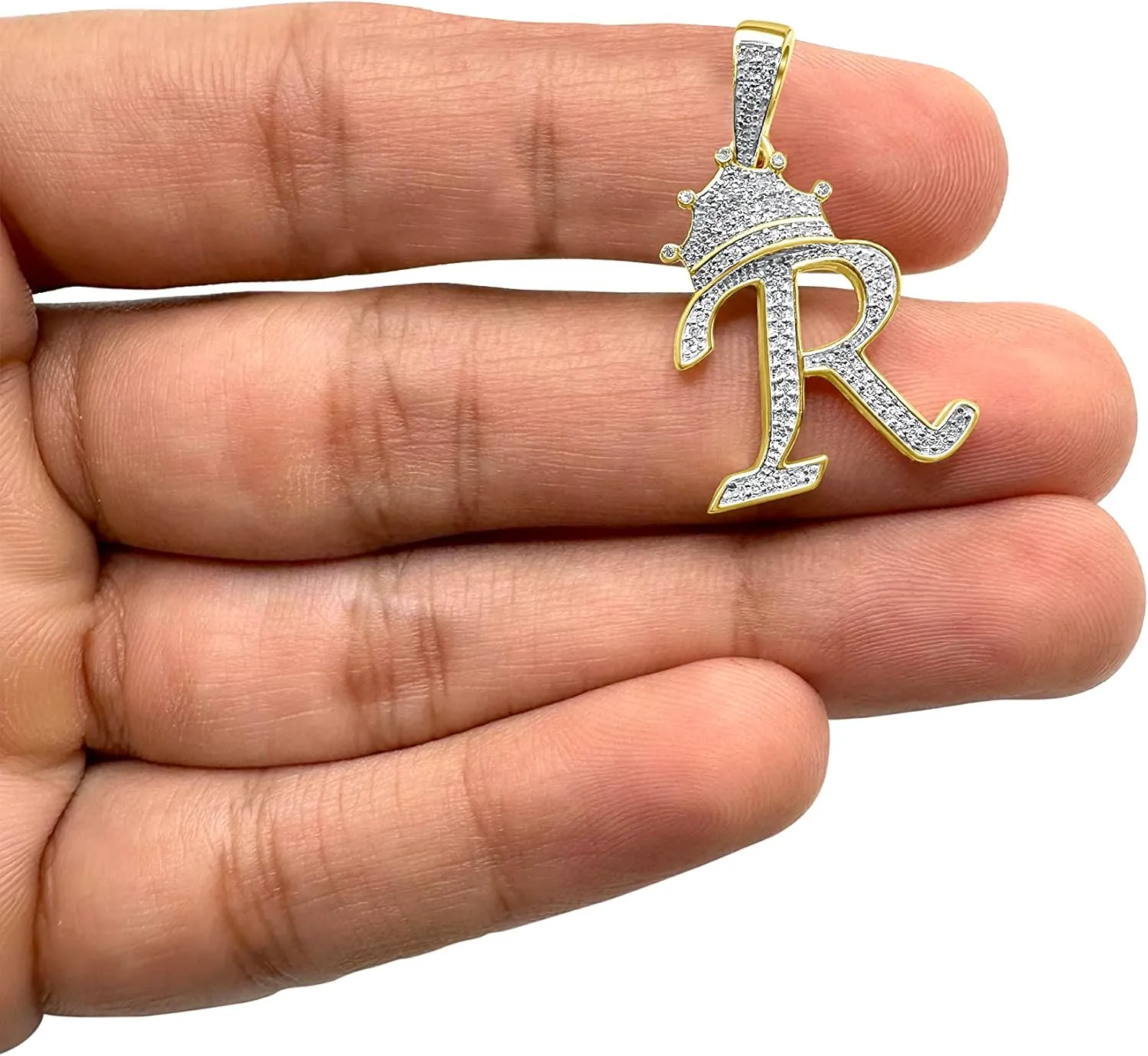 The Jewelers House Real Authentic 10k Solid Yellow Gold Genuine Tested Diamond Crown 3D Initial Pendant Letter Alphabet Charm Necklace, Free Sterling Silver Chain, Unisex