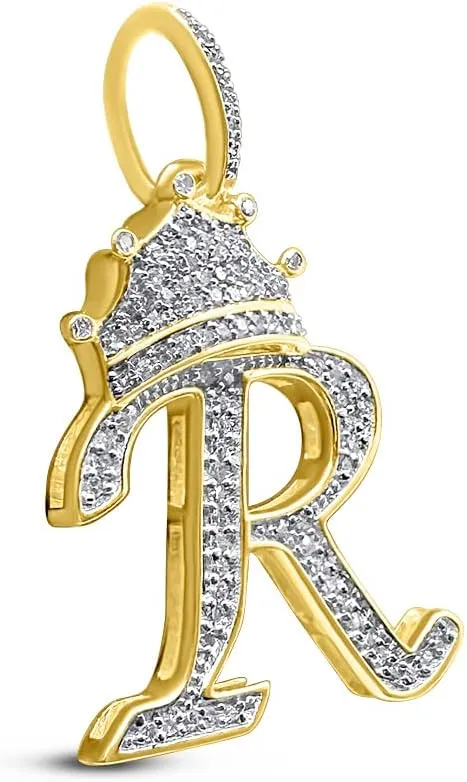 The Jewelers House Real Authentic 10k Solid Yellow Gold Genuine Tested Diamond Crown 3D Initial Pendant Letter Alphabet Charm Necklace, Free Sterling Silver Chain, Unisex
