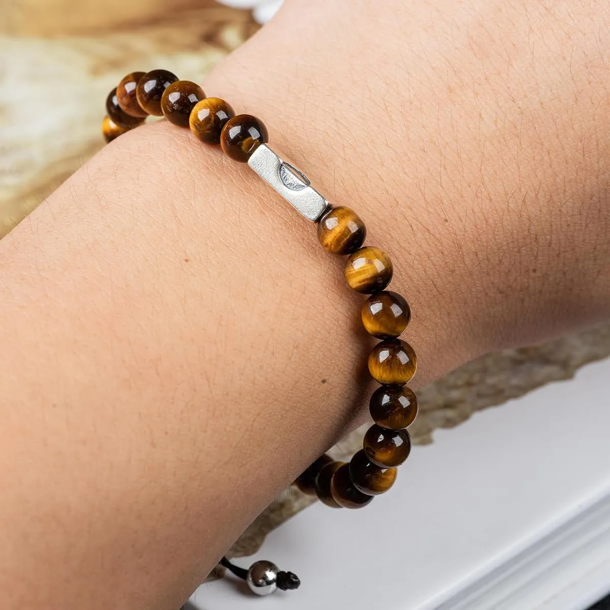 Tiger Eye Stone Energy Healing Adjustable Bracelet with Lucky Silver Block Carved with Sun Pattern, Suitable for Men and Women, Anniversary, Friendship, Valentine's Day, Christmas Gifts