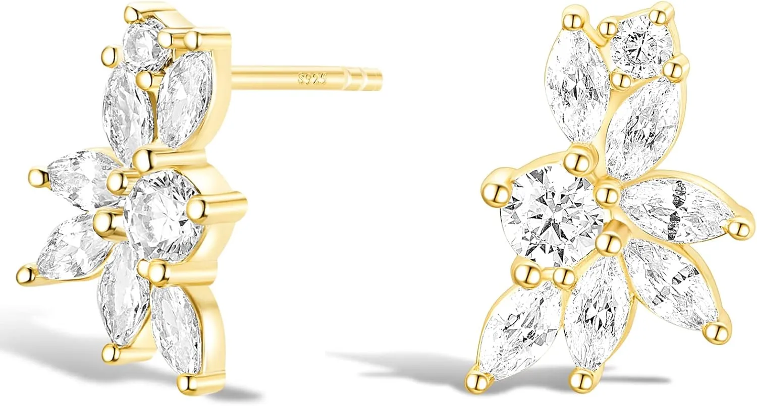 TIGRADE Stud Earrings Marquise and Round Cubic Zirconia Rhinestone Cluster Earrings 925 Sterling Silver Post Hypoallergenic for Women, Brides, Bridesmaid