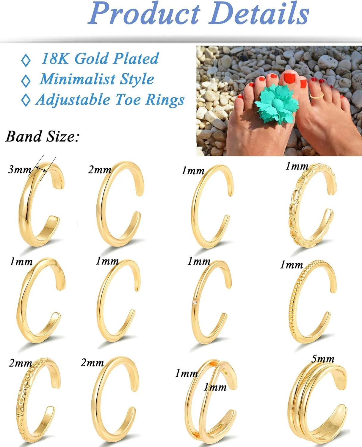 Tornito 12Pcs 18K Gold Filled Toe Rings Minimalist Thin Wire Cubic Zirconia Summer Beach Toe Rings Open Adjustable Foot Jewelry for Women Silver Gold Tone