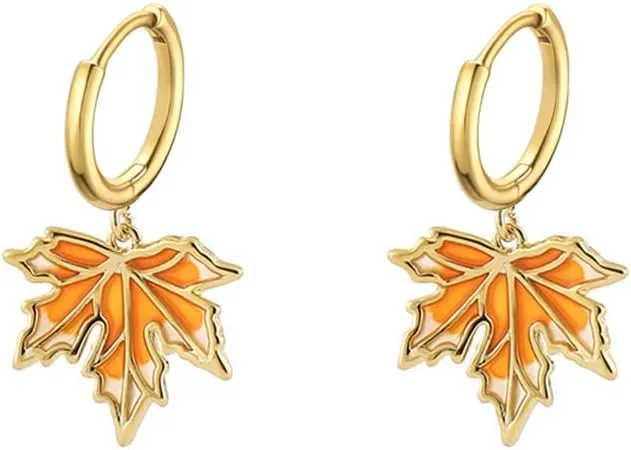 Trendy Maple Leaves Charm 18k Gold Plated Small Hoop Earrings for Women Dainty Minimalist Enamel Leaf Huggie Hoops Dangle Drop Earring Fashion Jewelry for Fall Thanksgiving Party Gifts Her Mom Daughter 28mm