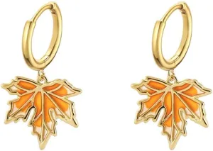 Trendy Maple Leaves Charm 18k Gold Plated Small Hoop Earrings for Women Dainty Minimalist Enamel Leaf Huggie Hoops Dangle Drop Earring Fashion Jewelry for Fall Thanksgiving Party Gifts Her Mom Daughter 28mm
