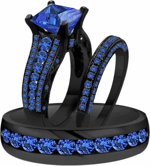Triostar 14K Black Gold Plated 925 Sterling Sliver 3 Piece Wedding His Engagement & Her Band Rings Sets Blue Sapphire for Couple Mens and Women Trio Ring Set Women's Size 4 & Men's Size 6