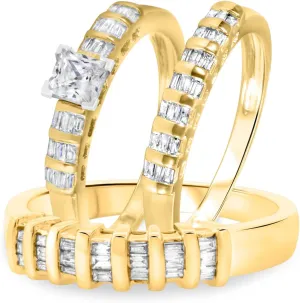 Triostar His and Hers Round CZ Diamond 925 Sterling Silver Matching Couple Three Rings Bridal Engagement Ring Wedding Bands Set Women's Size 9 & Men's Size 10