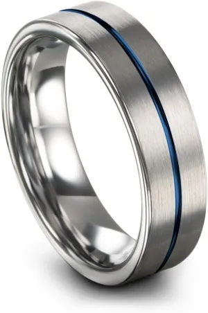 Tungsten Carbide Wedding Band Ring 6mm for Men Women Blue Black Center Line Flat Cut Brushed Polished Personalized Custom Engraving Anniversary Engagement