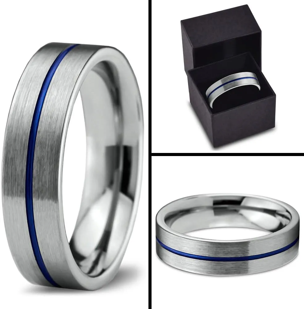 Tungsten Carbide Wedding Band Ring 6mm for Men Women Blue Black Center Line Flat Cut Brushed Polished Personalized Custom Engraving Anniversary Engagement