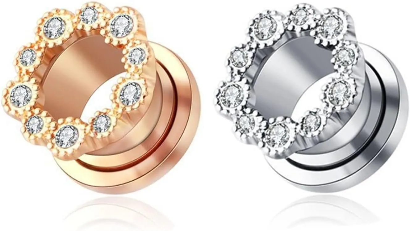 Tunnel Plug Earrings, Stainless Steel Earring Gauges for Women with Cubic Zirconia Unisex Piercing Gauge Earrings 2pcs