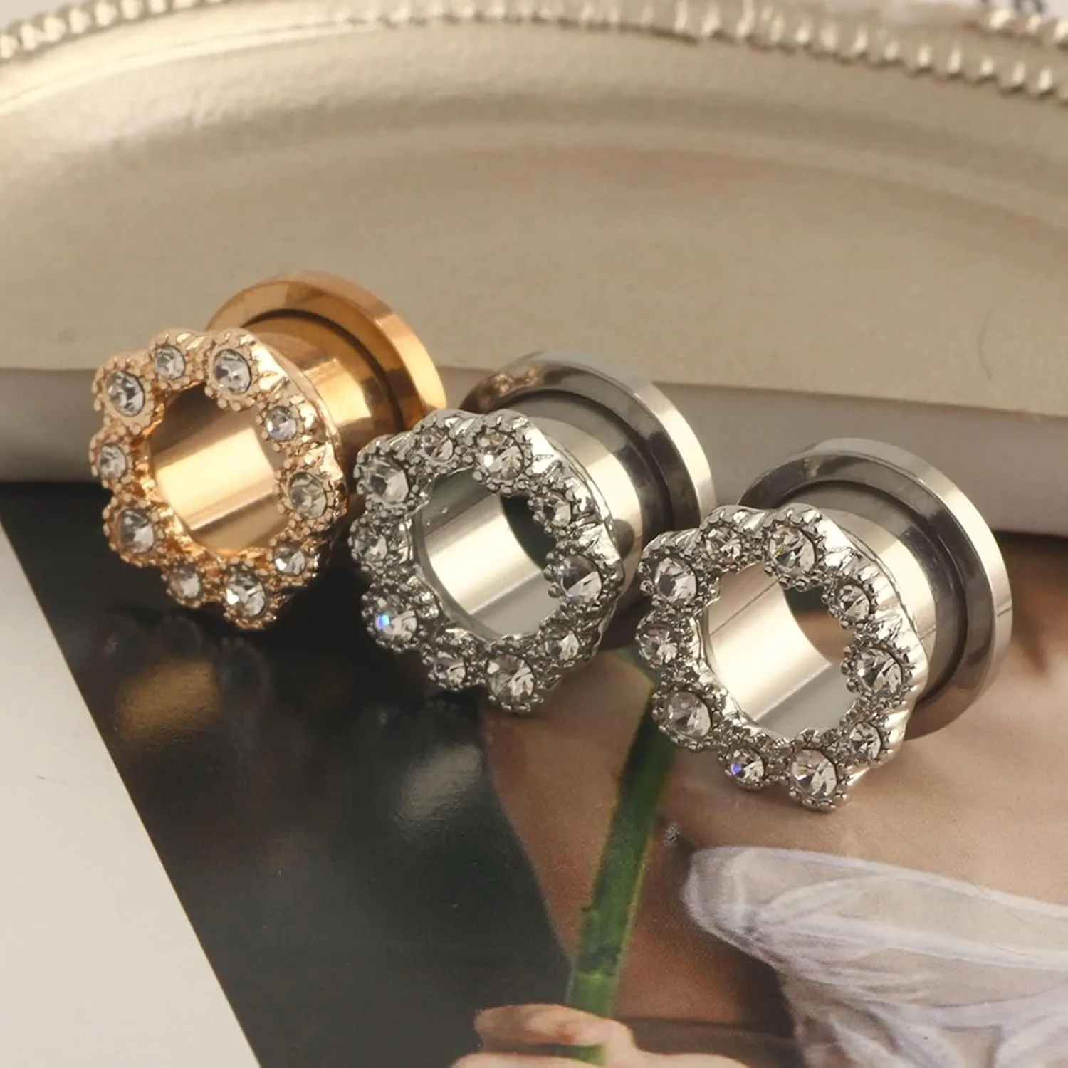 Tunnel Plug Earrings, Stainless Steel Earring Gauges for Women with Cubic Zirconia Unisex Piercing Gauge Earrings 2pcs
