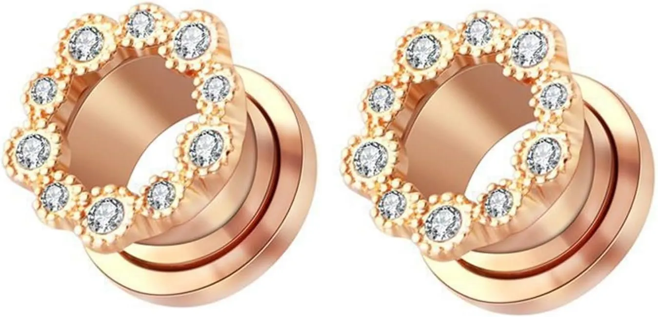 Tunnel Plug Earrings, Stainless Steel Earring Gauges for Women with Cubic Zirconia Unisex Piercing Gauge Earrings 2pcs