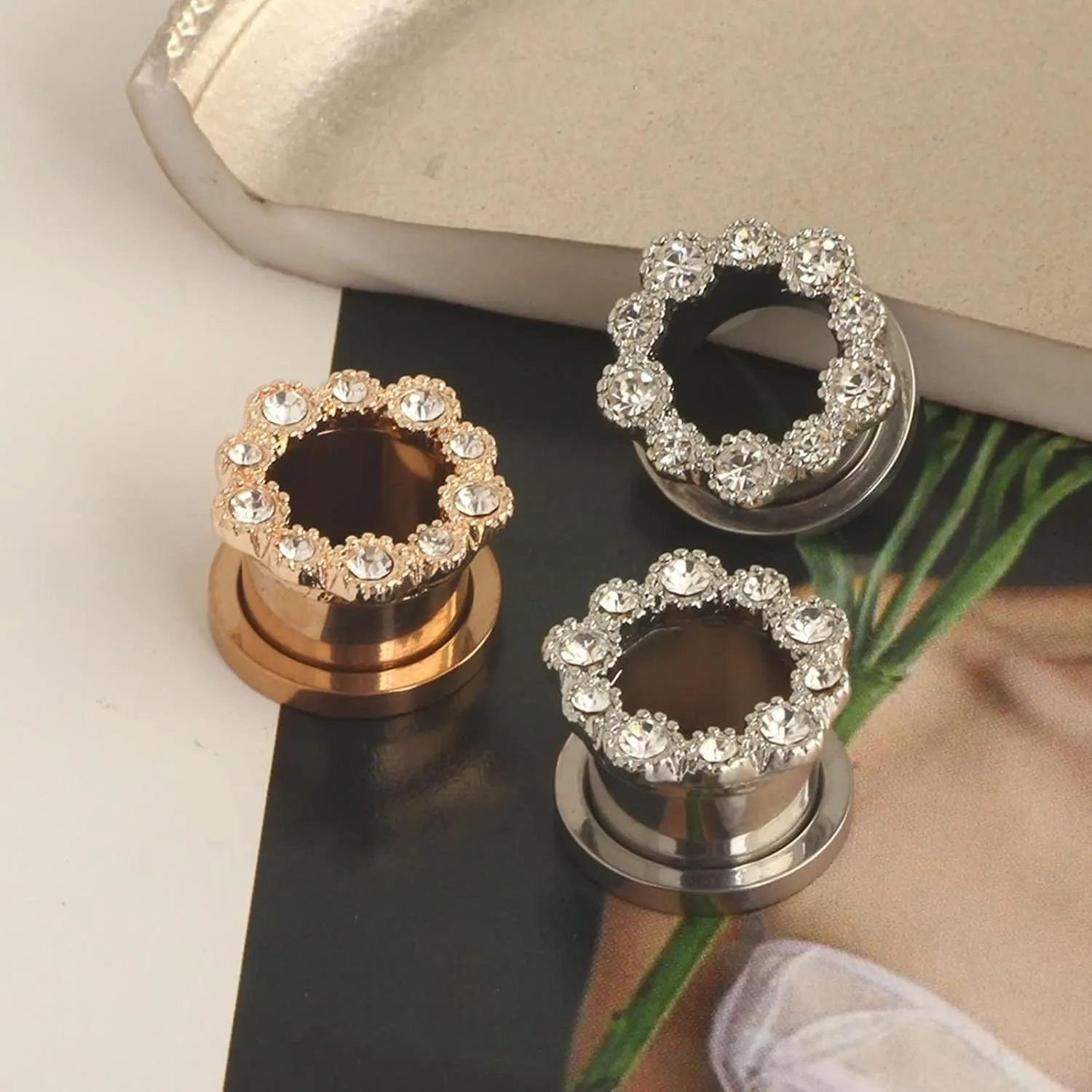 Tunnel Plug Earrings, Stainless Steel Earring Gauges for Women with Cubic Zirconia Unisex Piercing Gauge Earrings 2pcs