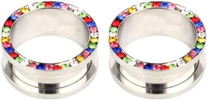 Tunnels for Ears, Tunnel Plug Earrings Stainless Steel with Multicolor Cubic Zirconia Unisex Piercing Gauge Earrings 2pcs