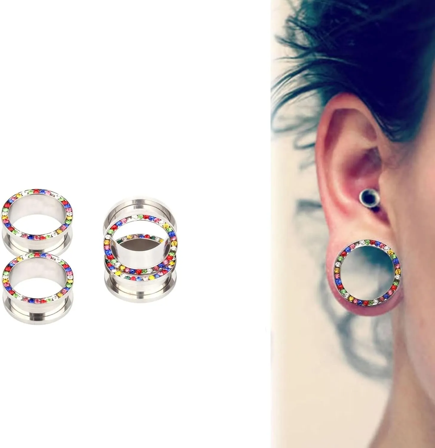 Tunnels for Ears, Tunnel Plug Earrings Stainless Steel with Multicolor Cubic Zirconia Unisex Piercing Gauge Earrings 2pcs