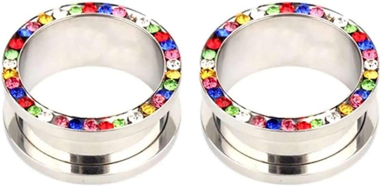 Tunnels for Ears, Tunnel Plug Earrings Stainless Steel with Multicolor Cubic Zirconia Unisex Piercing Gauge Earrings 2pcs