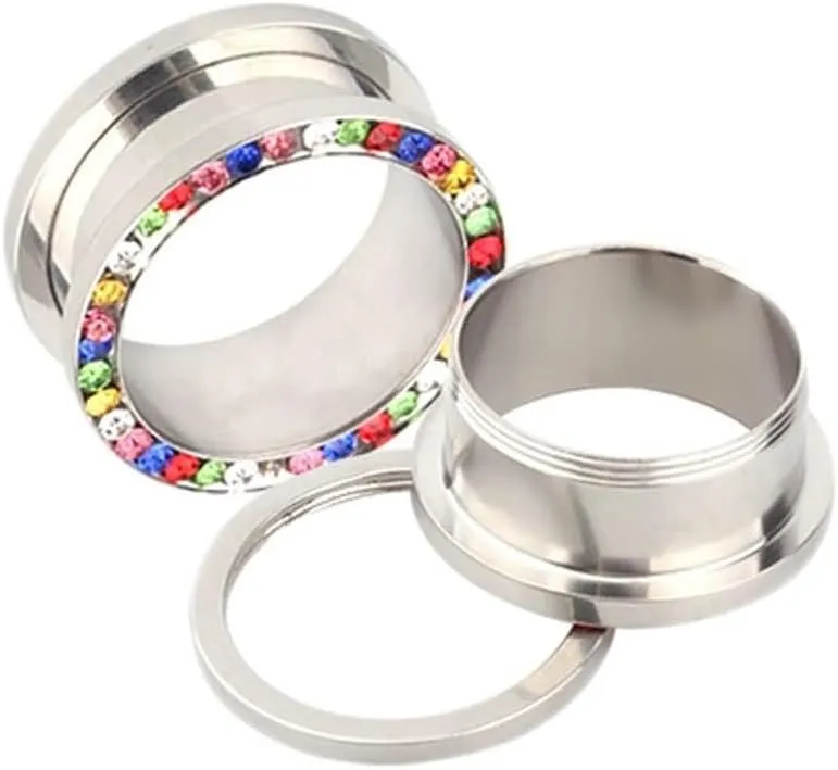 Tunnels for Ears, Tunnel Plug Earrings Stainless Steel with Multicolor Cubic Zirconia Unisex Piercing Gauge Earrings 2pcs