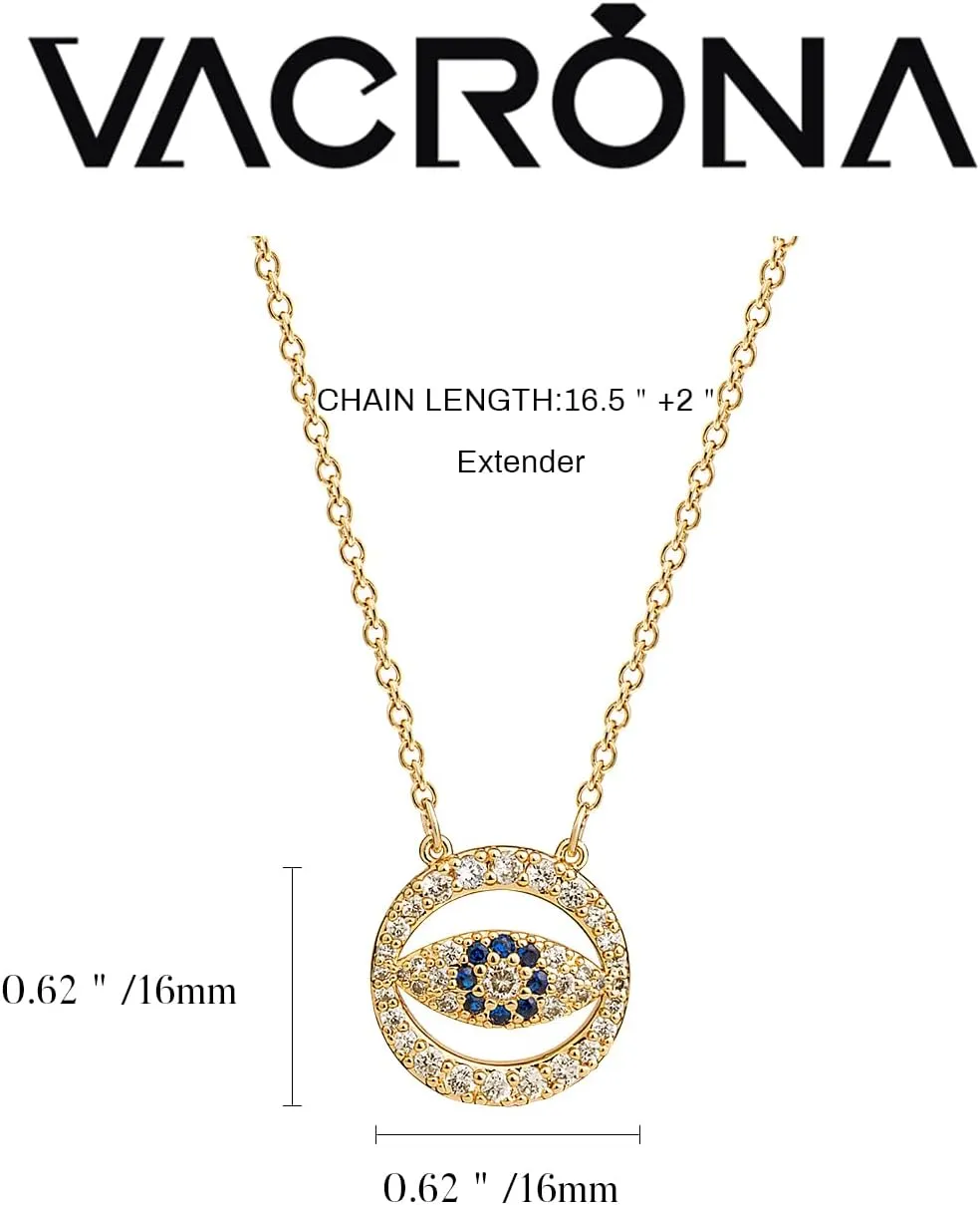 VACRONA Evil Eye Necklace for Women 18k Gold Plated Textured Disk Necklace Shark Tooth Necklace Multicolored CZ Turquoise Protection Heart Pendent Hamsa Minimallist Layering Coin Necklace