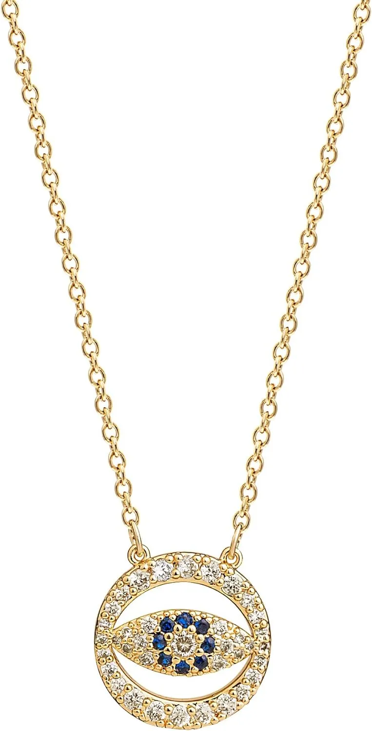 VACRONA Evil Eye Necklace for Women 18k Gold Plated Textured Disk Necklace Shark Tooth Necklace Multicolored CZ Turquoise Protection Heart Pendent Hamsa Minimallist Layering Coin Necklace