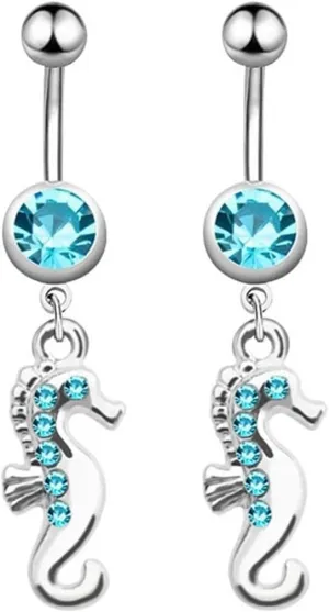 Valentine Gifts for Women, Navel Rings Hypoallergenic Cubic Zirconia Silver Surgical Steel Seahorse for Women Mother Body Piercing Jewelry