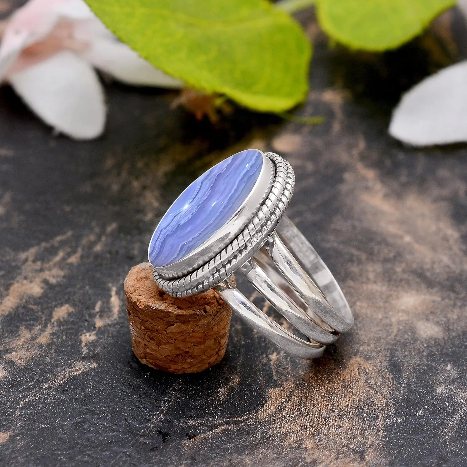 Veracity Jewelry Sterling Silver Gemstone Statement Rings  Jewelry For Women Birthday Anniversary Wife Mom Girlfriend Sister  Vintage Boho Style Handmade Gifts (Blue lace agate)