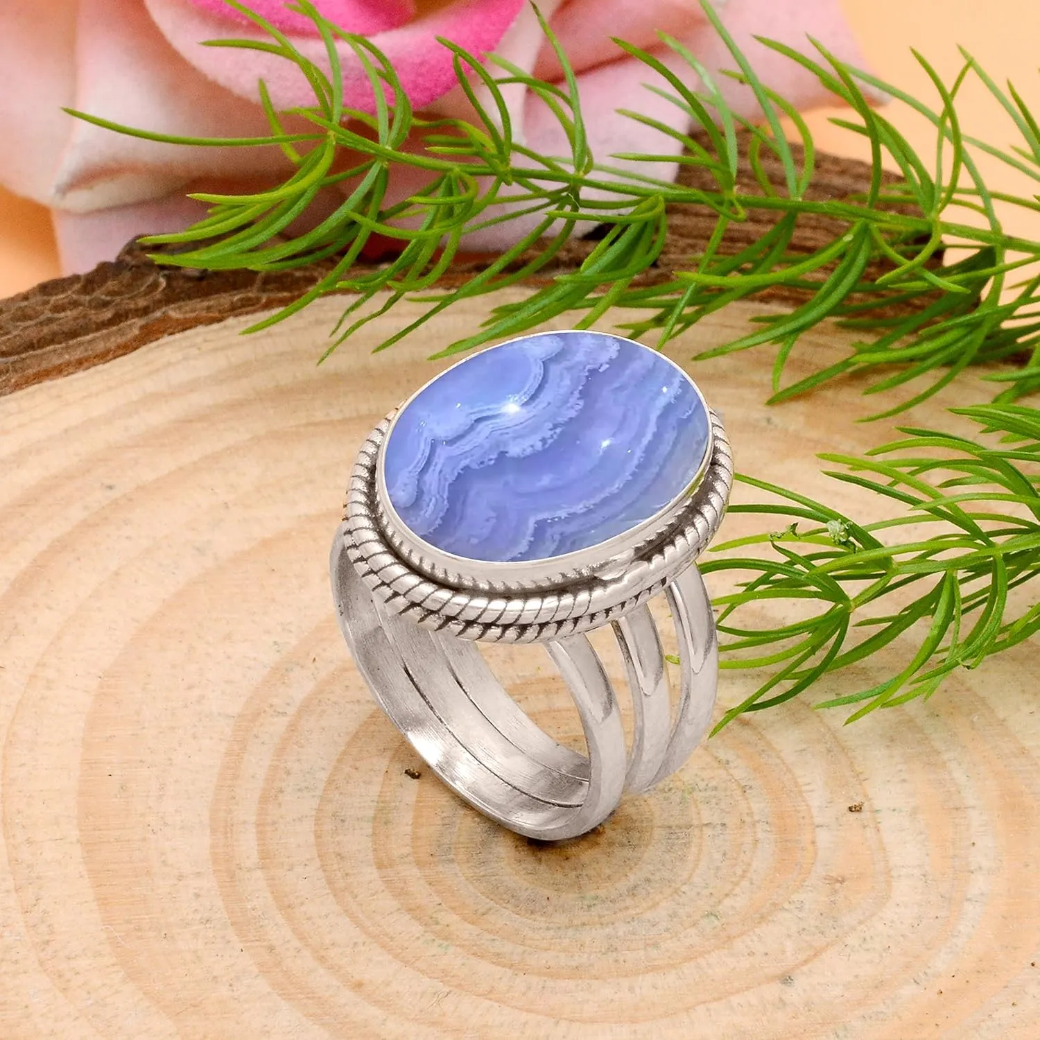 Veracity Jewelry Sterling Silver Gemstone Statement Rings  Jewelry For Women Birthday Anniversary Wife Mom Girlfriend Sister  Vintage Boho Style Handmade Gifts (Blue lace agate)