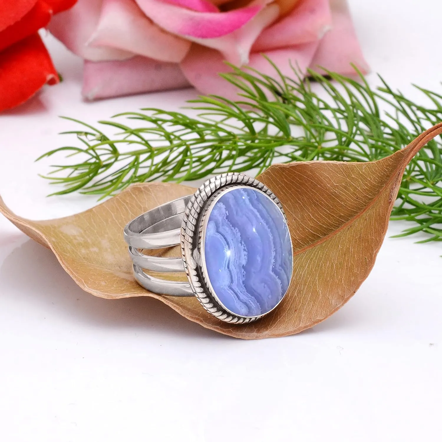 Veracity Jewelry Sterling Silver Gemstone Statement Rings  Jewelry For Women Birthday Anniversary Wife Mom Girlfriend Sister  Vintage Boho Style Handmade Gifts (Blue lace agate)