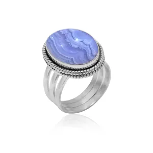 Veracity Jewelry Sterling Silver Gemstone Statement Rings  Jewelry For Women Birthday Anniversary Wife Mom Girlfriend Sister  Vintage Boho Style Handmade Gifts (Blue lace agate)