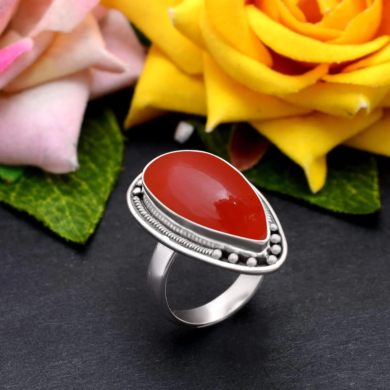 Veracity Jewelry Sterling Silver Gemstone Statement Rings  Jewelry For Women Birthday Anniversary Wife Mom Girlfriend Sister  Vintage Boho Style Handmade Gifts (Carnelian)