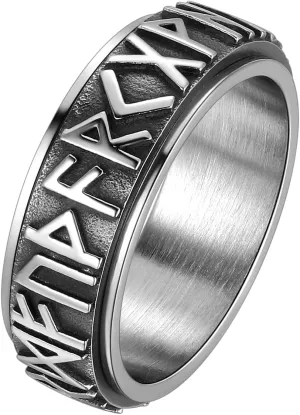 Viking Rings for Men - Stainless Steel Black Vintage Norse Viking Runes Amulet Opening Rotatable Ring Bands Jewelry Spinner Ring Nordic Rings for Men