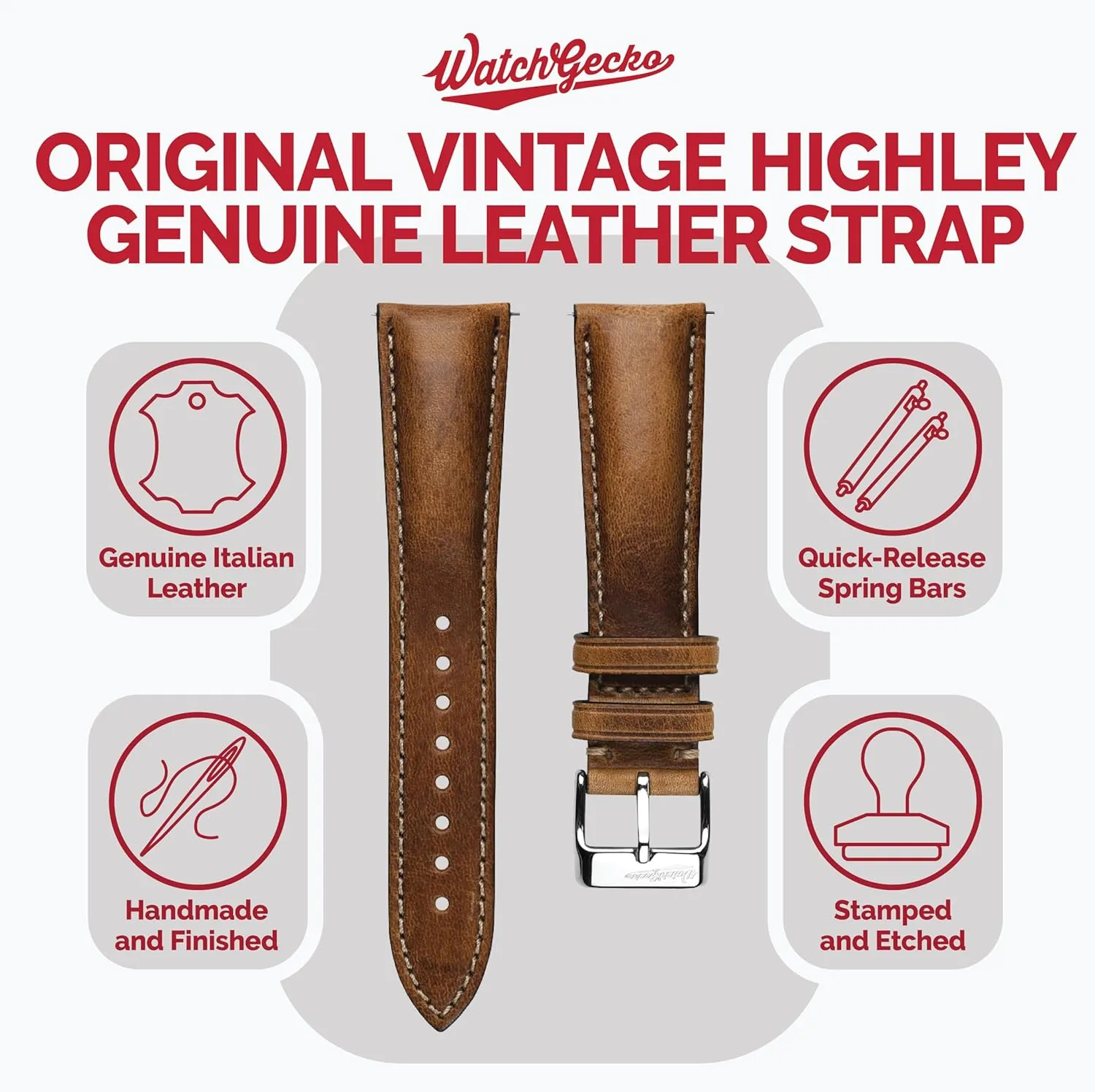 Vintage Highley Certified Genuine Italian Leather Replacement Watch Strap. Stylish and Durable Mens Wristwatch Strap. Padded for Comfort. Easy to Fit - 18mm, 19mm, 20mm, 21mm, 22mm