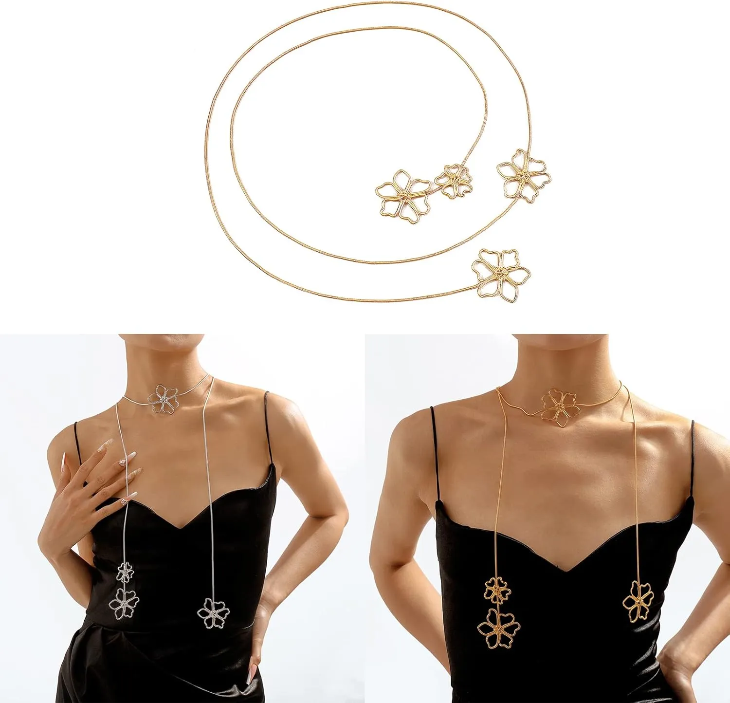 Vintage Metal Long Flower Pendant Choker Necklace Jewelry for Women Alloy Twist Multilayer Body Chain Necklace