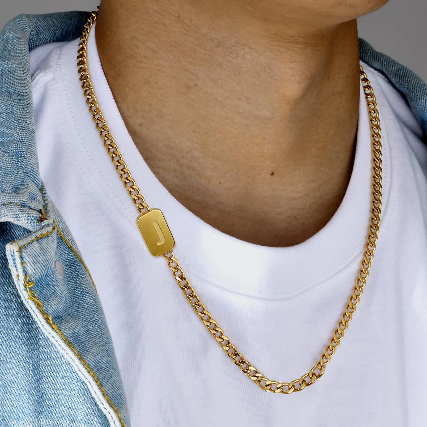 VNOX Silver/Gold/Black Initial Necklace for Men - A-Z Letter Necklaces Cuban Link Chain Pendant Neckless for Mens Womens Valentines Day Christmas Birthday Jewelry Gift