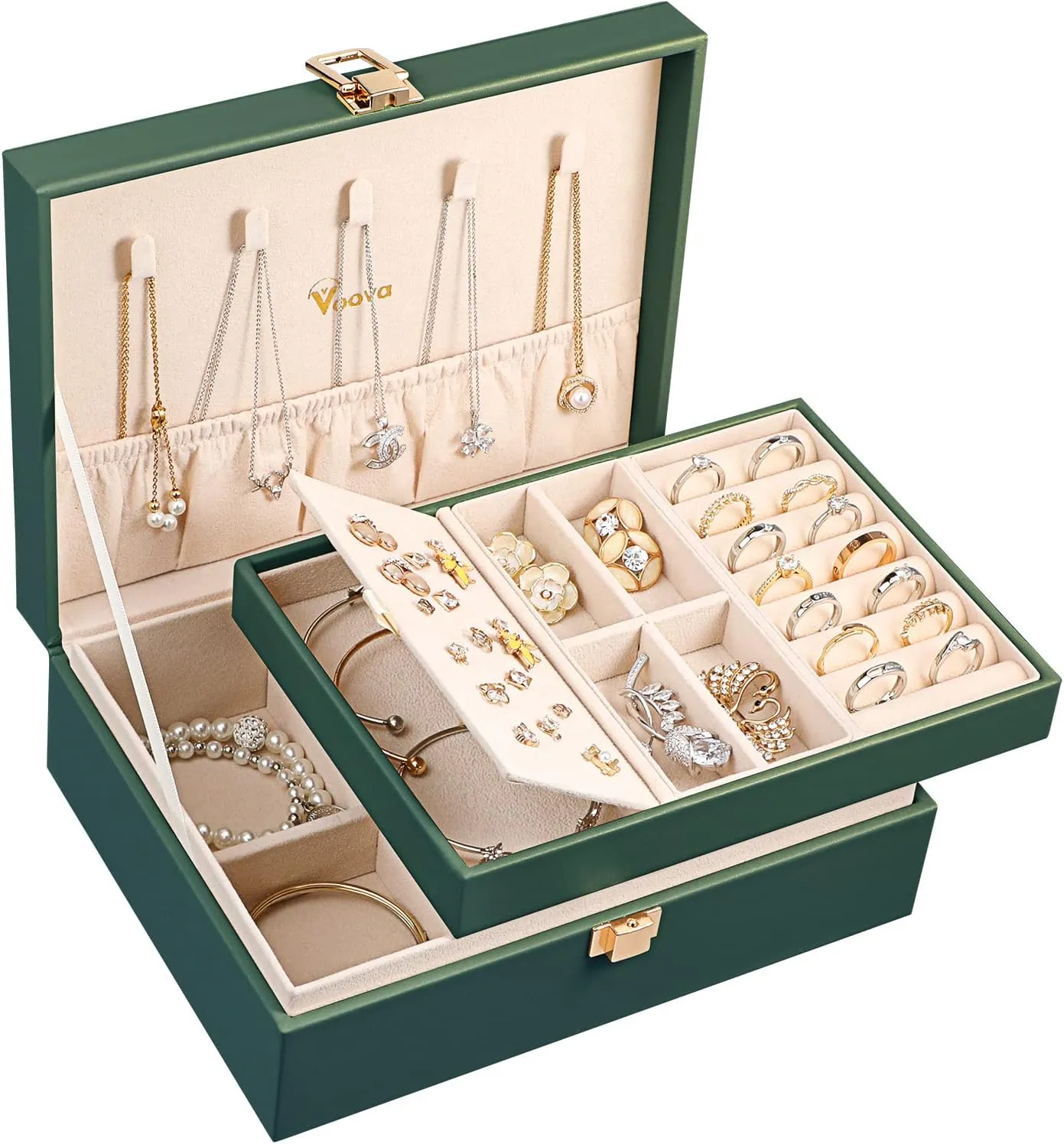 Voova Jewelry Box Organizer for Women Girls, 2 Layer Large Men Jewelry Storage Case, PU Leather Display Jewellery Holder with Removable Tray for Necklace Earrings Rings Bracelets, Blackish Green