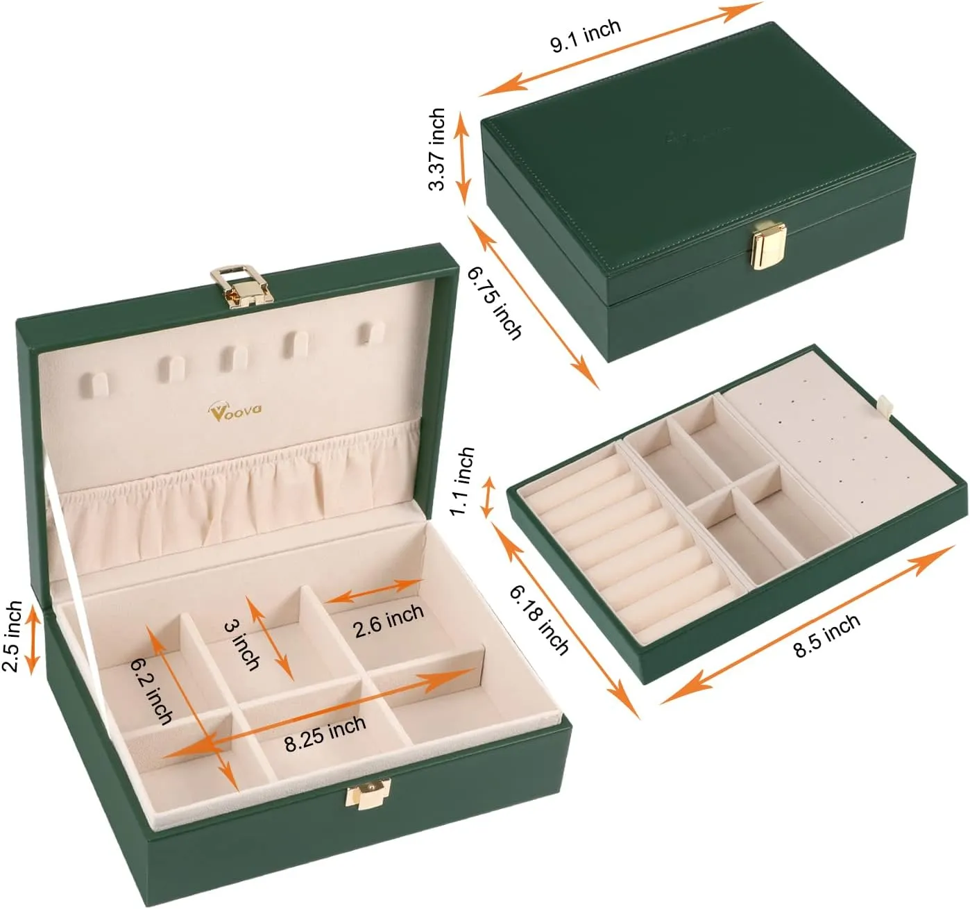 Voova Jewelry Box Organizer for Women Girls, 2 Layer Large Men Jewelry Storage Case, PU Leather Display Jewellery Holder with Removable Tray for Necklace Earrings Rings Bracelets, Blackish Green