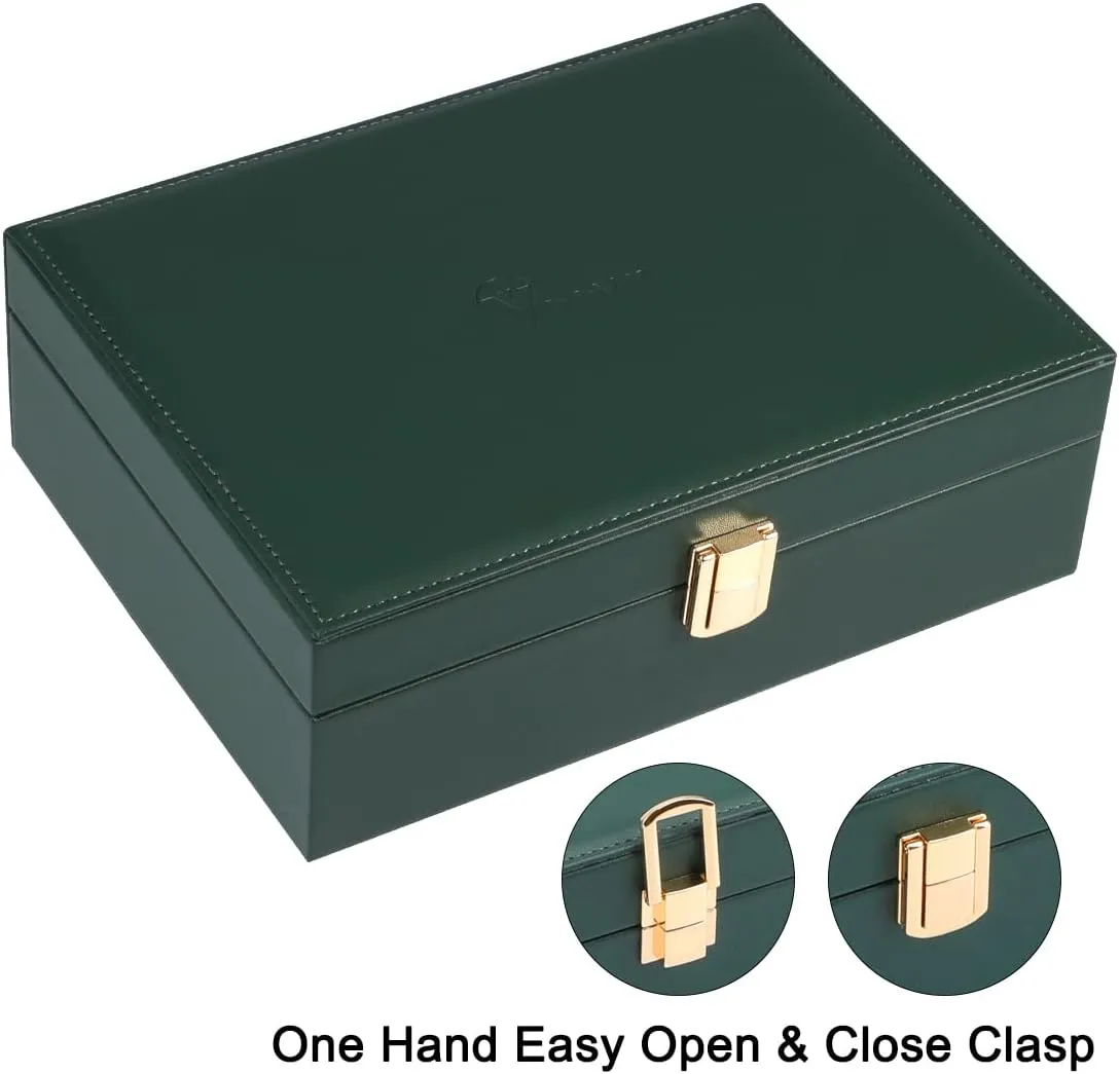 Voova Jewelry Box Organizer for Women Girls, 2 Layer Large Men Jewelry Storage Case, PU Leather Display Jewellery Holder with Removable Tray for Necklace Earrings Rings Bracelets, Blackish Green