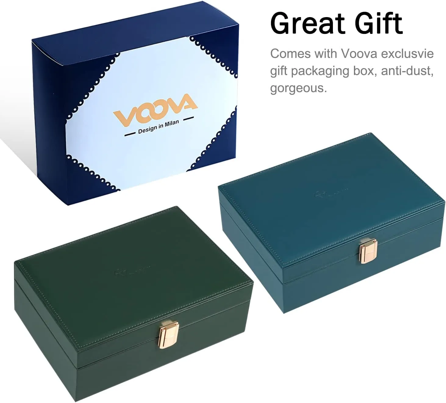 Voova Jewelry Box Organizer for Women Girls, 2 Layer Large Men Jewelry Storage Case, PU Leather Display Jewellery Holder with Removable Tray for Necklace Earrings Rings Bracelets, Blackish Green