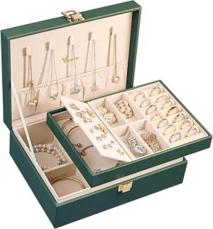 Voova Jewelry Box Organizer for Women Girls, 2 Layer Large Men Jewelry Storage Case, PU Leather Display Jewellery Holder with Removable Tray for Necklace Earrings Rings Bracelets, Blackish Green