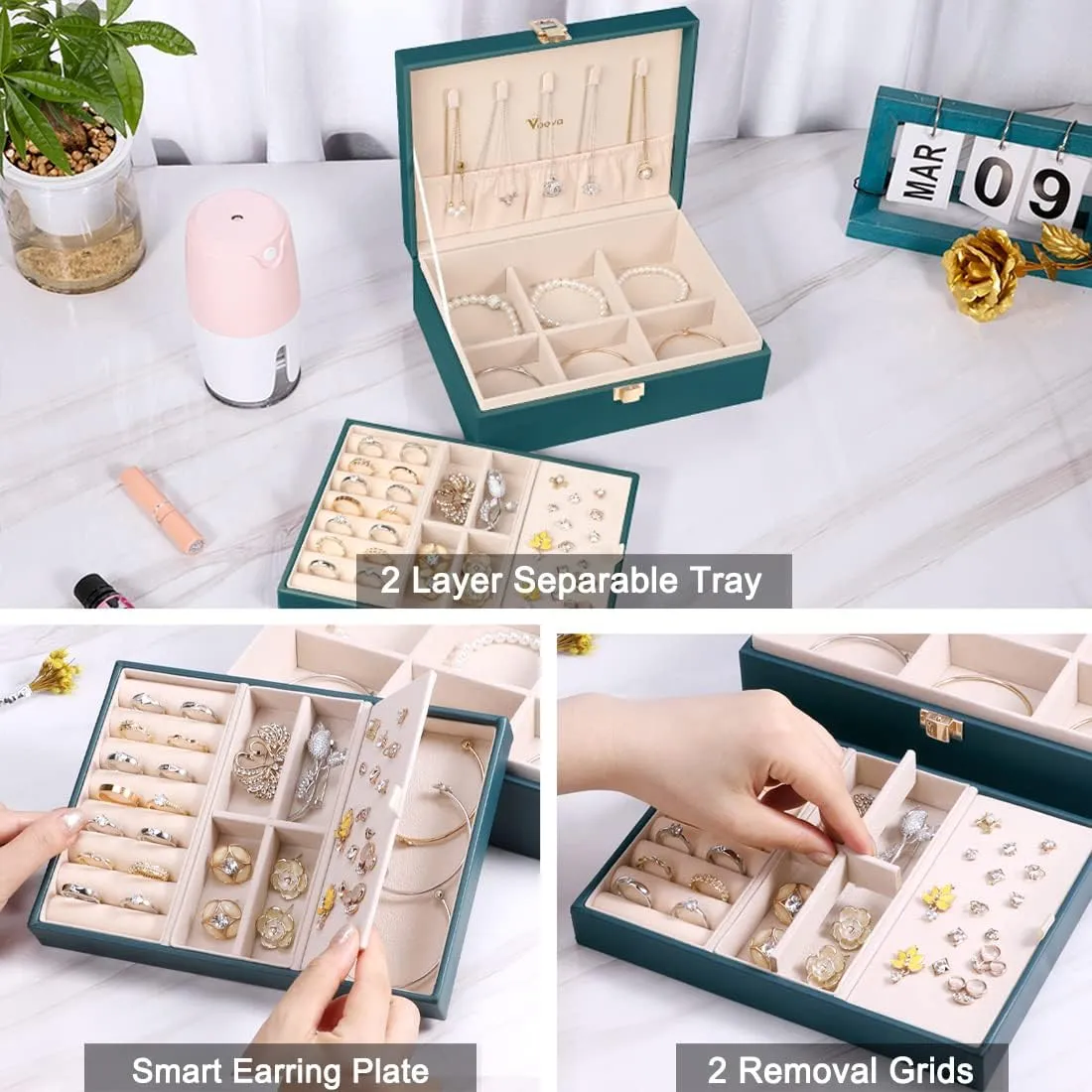 Voova Jewelry Box Organizer for Women Girls, 2 Layer Large Men Jewelry Storage Case, PU Leather Display Jewellery Holder with Removable Tray for Necklace Earrings Rings Bracelets, Indigo
