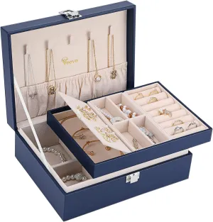 Voova Jewelry Box Organizer for Women Girls, 2 Layer Large Men Jewelry Storage Case,PU Leather Display Jewellery Holder with Removable Tray for Necklace Earrings Rings BraceletsVintage GiftNavy Blue