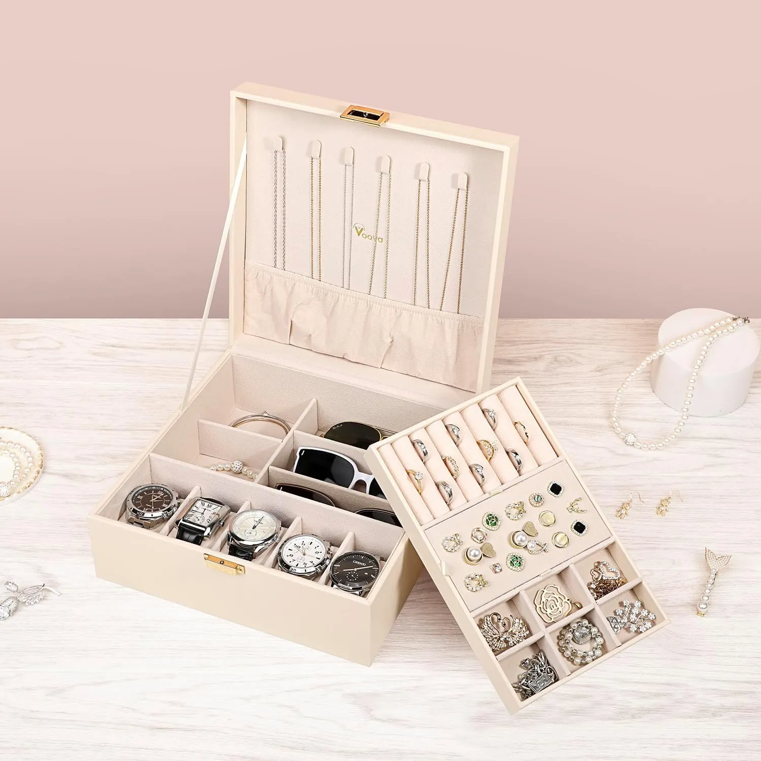 Voova Jewelry Box Organizer for Women Teen Girls,2 Layer 5 Slot Watch Storage Case with Removable Tray, PU Leather Large Jewellery Holder Display for Watches Sunglasses Rings Earrings Necklace,Apricot