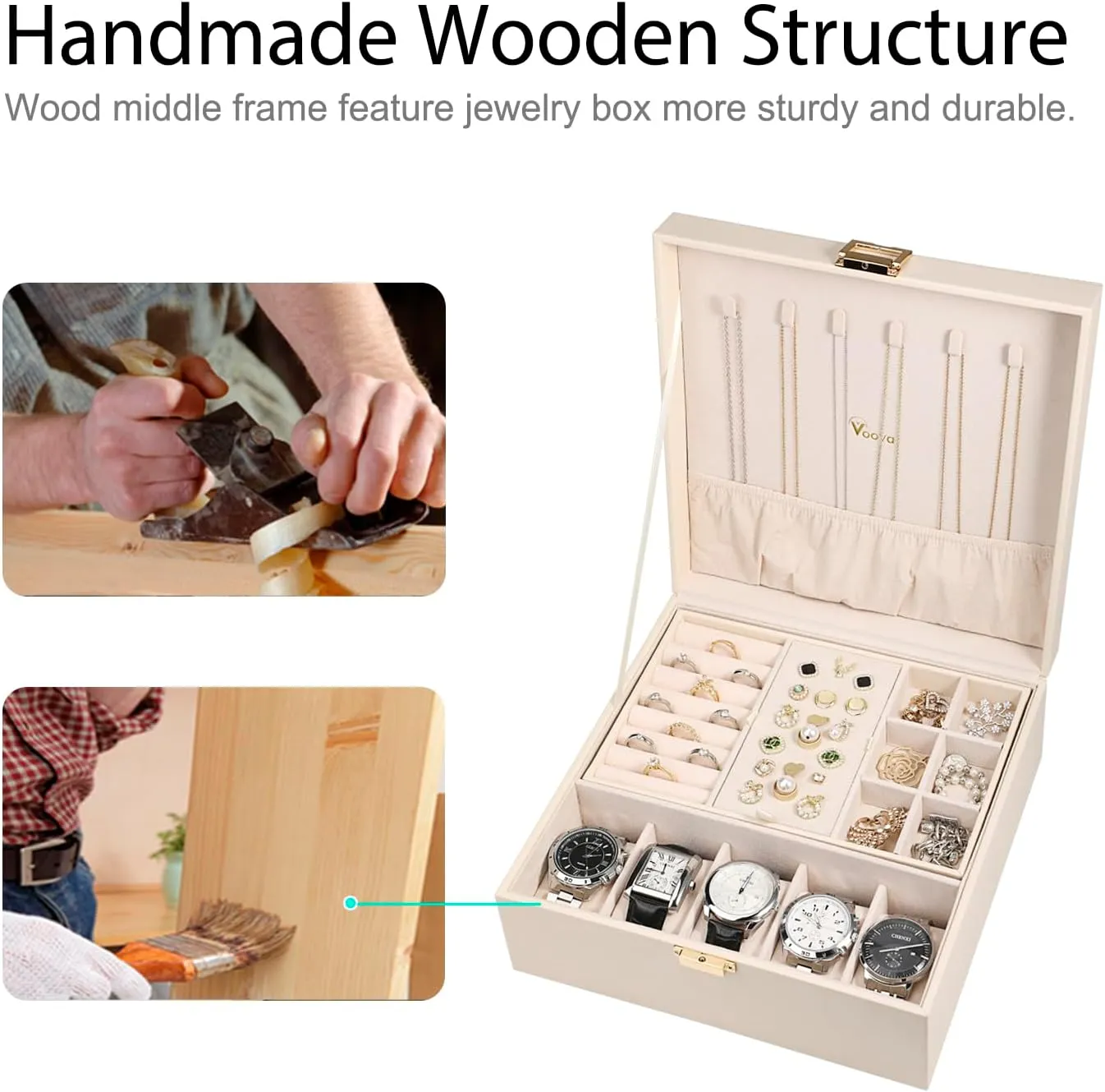 Voova Jewelry Box Organizer for Women Teen Girls,2 Layer 5 Slot Watch Storage Case with Removable Tray, PU Leather Large Jewellery Holder Display for Watches Sunglasses Rings Earrings Necklace,Apricot
